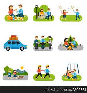 Outing concepts with friends and families outdoors isolated vector illustration. Flat Icon Outing