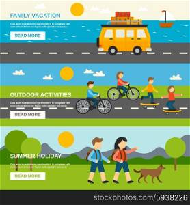 Outing horizontal banner set with outdoor activities elements isolated vector illustration. Outing Banner Set