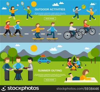 Outing horizontal banner set with outdoor activities isolated vector illustration. Outing Banner Set