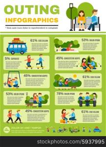 Outing infographics set with families with kids outdoors vector illustration. Outing Infographics Set