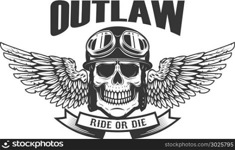 Outlaw. Ghetto warrior. Skull with wings and brass knuckles. Design element for logo, label, emblem, sign, badge. Vector illustration