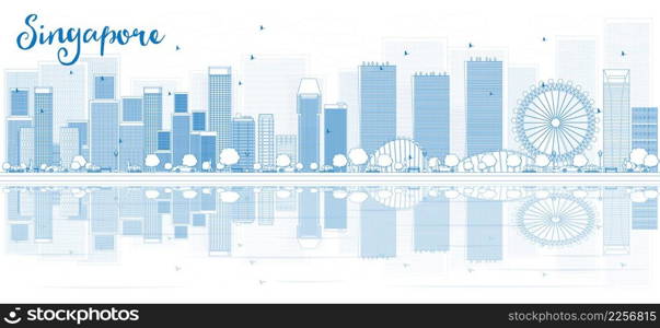 Outli≠Singapore skyli≠with blue buildings and ref≤ctions. Vector illustration. Busi≠ss travel and tourism concept with place for text. Ima≥for presentation, ban≠r, placard and web site.