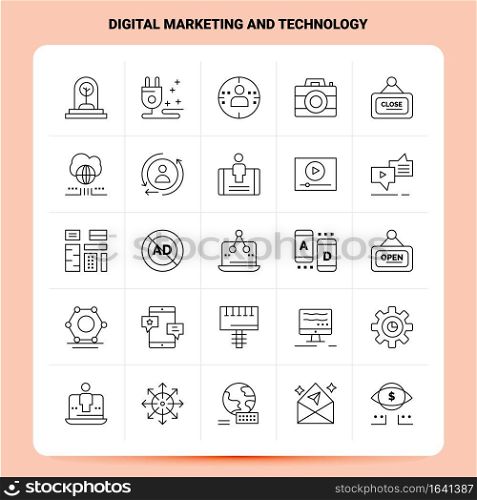 OutLine 25 Digital Marketing And Technology Icon set. Vector Line Style Design Black Icons Set. Linear pictogram pack. Web and Mobile Business ideas design Vector Illustration.