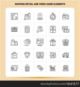 OutLine 25 Shoping Retail And Video Game Elements Icon set. Vector Line Style Design Black Icons Set. Linear pictogram pack. Web and Mobile Business ideas design Vector Illustration.