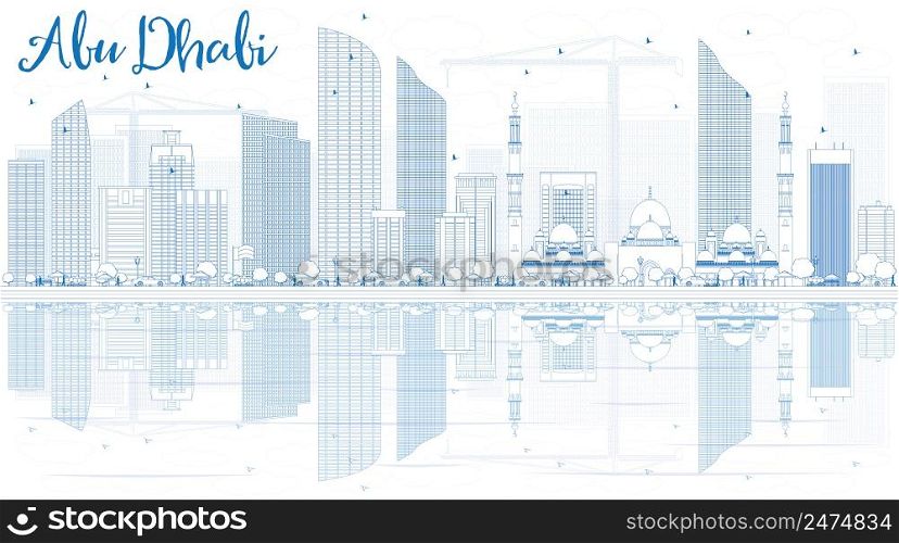 Outline Abu Dhabi City Skyline with Blue Buildings and Reflections. Vector Illustration. Business Travel and Tourism Conceptwith Modern Buildings. Image for Presentation, Banner, Placard and Web.