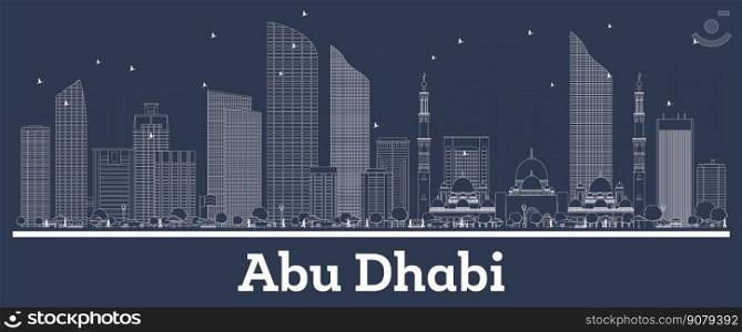 Outline Abu Dhabi UAE City Skyline with White Buildings. Vector Illustration. Business Travel and Tourism Concept with Modern Architecture. Abu Dhabi Cityscape with Landmarks.