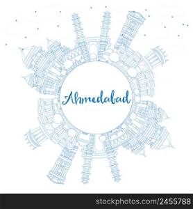 Outline Ahmedabad Skyline with Blue Buildings and Copy Space. Vector Illustration. Business Travel and Tourism Concept with Historic Architecture. Image for Presentation Banner Placard and Web Site.