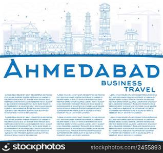 Outline Ahmedabad Skyline with Blue Buildings and Copy Space. Vector Illustration. Business Travel and Tourism Concept with Historic Buildings. Image for Presentation Banner Placard and Web Site.
