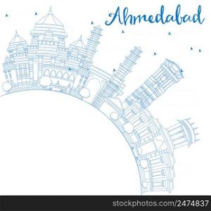 Outline Ahmedabad Skyline with Blue Buildings and Copy Space. Vector Illustration. Business Travel and Tourism Concept with Historic Architecture. Image for Presentation Banner Placard and Web Site.