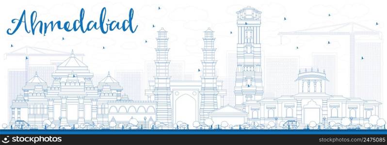 Outline Ahmedabad Skyline with Blue Buildings. Vector Illustration. Business Travel and Tourism Concept with Historic Buildings. Image for Presentation Banner Placard and Web Site.