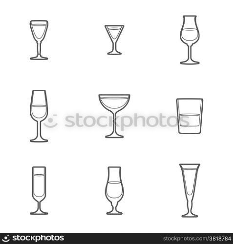outline alcohol glasses icon set. vector grey outline alcohol glasses icon set