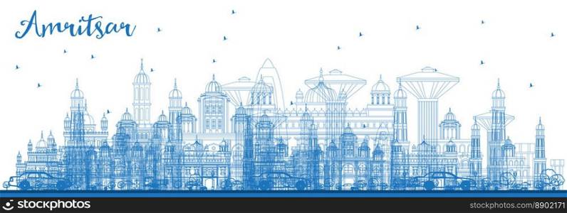 Outline Amritsar India City Skyline with Blue Buildings. Vector Illustration. Business Travel and Tourism Concept with Historic Architecture. Amritsar Cityscape with Landmarks.