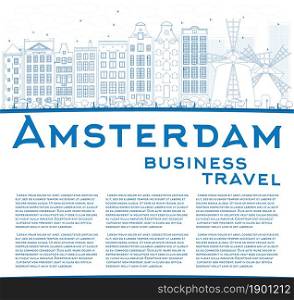 Outline Amsterdam city skyline with blue buildings and copy space. Vector illustration. Business travel and tourism concept with place for text. Image for presentation, banner, placard and web site.