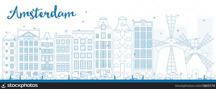 Outline Amsterdam city skyline with blue buildings. Vector illustration. Business travel and tourism concept with historic buildings. Image for presentation, banner, placard and web site.