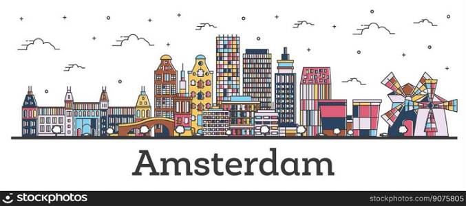 Outline Amsterdam Netherlands City Skyline with Color Buildings Isolated on White. Vector Illustration. Amsterdam Cityscape with Landmarks.