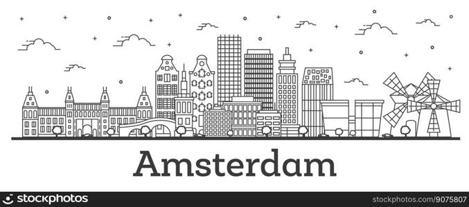 Outline Amsterdam Netherlands City Skyline with Historic Buildings Isolated on White. Vector Illustration. Amsterdam Cityscape with Landmarks.