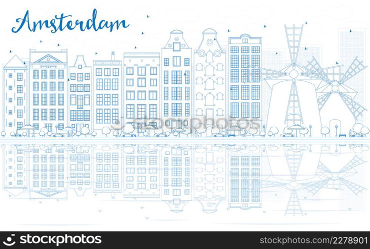 Outline Amsterdam skyline with blue buildings and reflections. Vector illustration. Business travel and tourism concept with place for text. Image for presentation, banner, placard and web site.