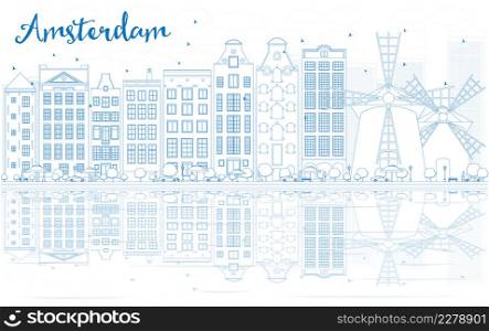 Outline Amsterdam skyline with blue buildings and reflections. Vector illustration. Business travel and tourism concept with place for text. Image for presentation, banner, placard and web site.