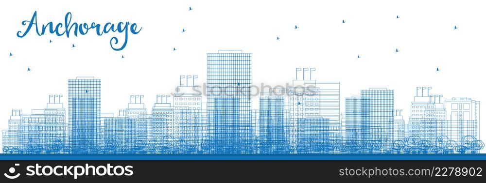 Outline Anchorage (Alaska) Skyline with Blue Buildings. Vector Illustration. Business and tourism concept with place for text. Image for presentation, banner, placard and web site