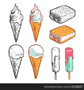 Outline and colorful sketch sweet ice cream collection. Vector illustration. Outline and colorful sketch ice cream collection