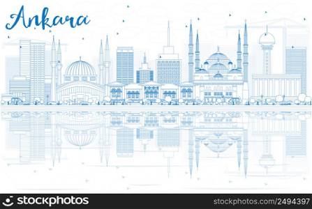 Outline Ankara Skyline with Blue Buildings and Reflections. Vector Illustration. Business Travel and Tourism Concept with Historic Architecture. Image for Presentation Banner Placard and Web Site.