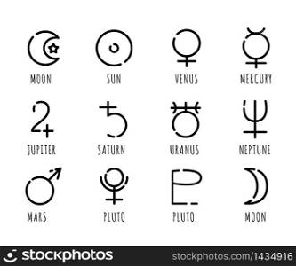 Outline astrology vector icons set - symbols signs for astrology, constellations and planets. Esoteric magic concept. Black outline isolated on white - for gui, web, infographics, apps. Outline astrology vector icons set