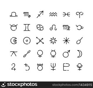 Outline astrology vector icons set - symbols signs for astrology, zodiac constellations or horoscope, planet. Esoteric magic concept. Black outline isolated on white - for gui, web, infographics, apps. Outline astrology vector icons set