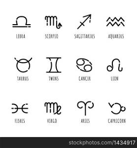 Outline astrology vector icons set - symbols signs for astrology, zodiac constellations or horoscope, planets. Esoteric magic concept. Black outline isolated on white - for gui, web, infographics, apps. Outline astrology vector icons set