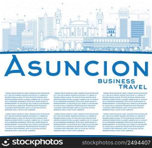 Outline Asuncion Skyline with Blue Buildings and Copy Space. Vector Illustration. Business Travel and Tourism Concept with Modern Architecture. Image for Presentation Banner Placard and Web Site.