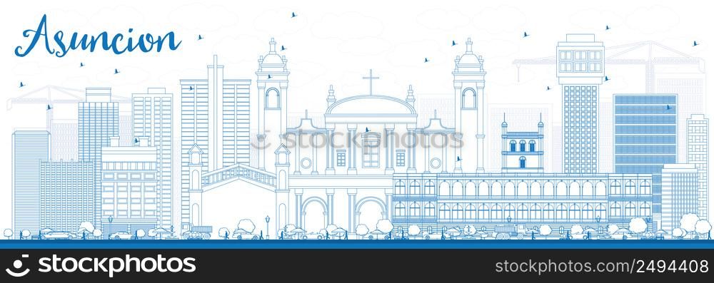 Outline Asuncion Skyline with Blue Buildings. Vector Illustration. Business Travel and Tourism Concept with Modern Architecture. Image for Presentation Banner Placard and Web Site