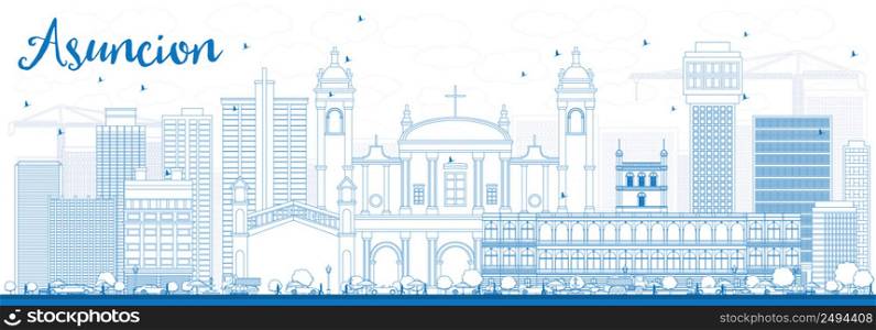 Outline Asuncion Skyline with Blue Buildings. Vector Illustration. Business Travel and Tourism Concept with Modern Architecture. Image for Presentation Banner Placard and Web Site