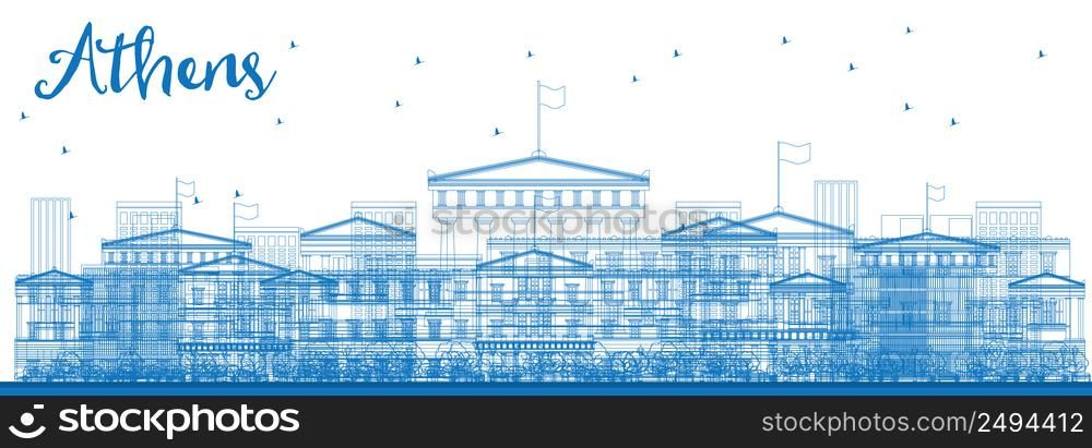 Outline Athens Skyline with Blue Buildings. Vector Illustration. Business and tourism concept with place for text. Image for presentation, banner, placard and web site