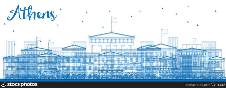 Outline Athens Skyline with Blue Buildings. Vector Illustration. Business and tourism concept with place for text. Image for presentation, banner, placard and web site