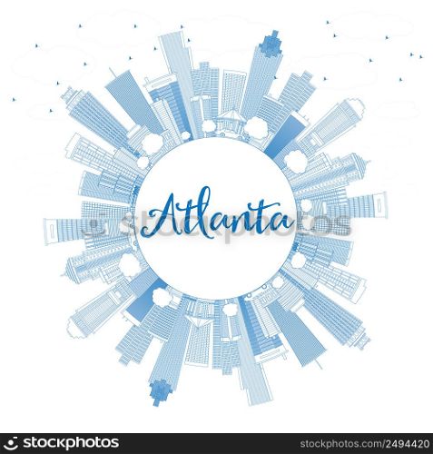Outline Atlanta Skyline with Blue Buildings and Copy Space. Vector Illustration. Business Travel and Tourism Concept with Modern Buildings. Image for Presentation Banner Placard and Web Site.