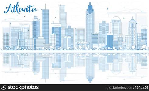 Outline Atlanta Skyline with Blue Buildings and Reflections. Vector Illustration. Business Travel and Tourism Concept with Modern Buildings. Image for Presentation Banner Placard and Web Site.