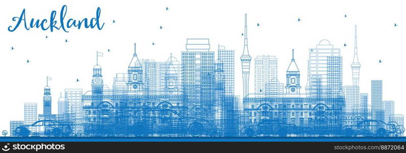 Outline Auckland Skyline with Blue Buildings. Vector Illustration. Business Travel and Tourism Concept with Modern Buildings. Image for Presentation Banner Placard and Web Site.