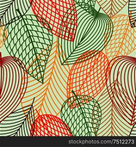 Outline autumnal leaves seamless pattern with red, green, orange and brown leaves for nature or wallpaper themes. Outline autumnal leaves seamless pattern