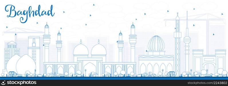 Outline Baghdad Skyline with Blue Buildings. Vector Illustration. Business Travel and Tourism Concept with Historic Buildings. Image for Presentation Banner Placard and Web Site.