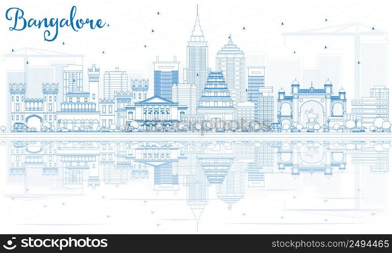 Outline Bangalore Skyline with Blue Buildings and Reflections. Vector Illustration. Business Travel and Tourism Concept with Historic Buildings. Image for Presentation Banner Placard and Web Site.