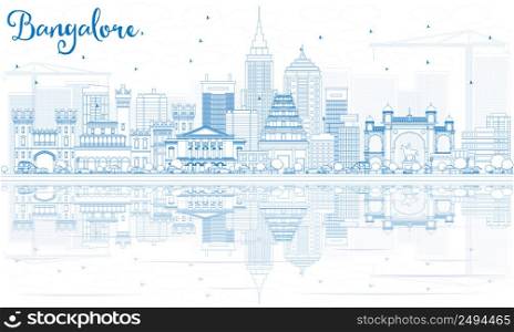 Outline Bangalore Skyline with Blue Buildings and Reflections. Vector Illustration. Business Travel and Tourism Concept with Historic Buildings. Image for Presentation Banner Placard and Web Site.