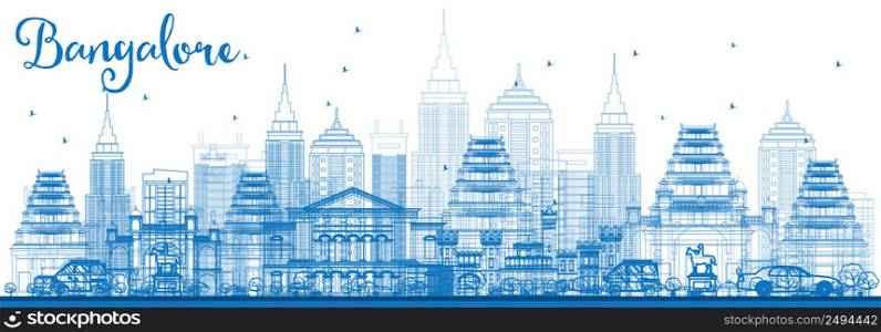 Outline Bangalore Skyline with Blue Buildings. Vector Illustration. Business Travel and Tourism Concept with Historic Architecture. Image for Presentation Banner Placard and Web Site.