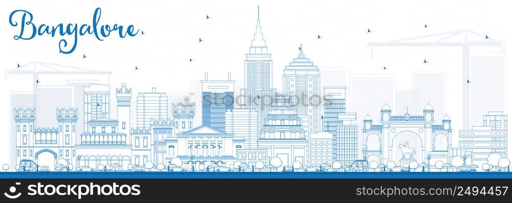 Outline Bangalore Skyline with Blue Buildings. Vector Illustration. Business Travel and Tourism Concept with Historic Buildings. Image for Presentation Banner Placard and Web Site.