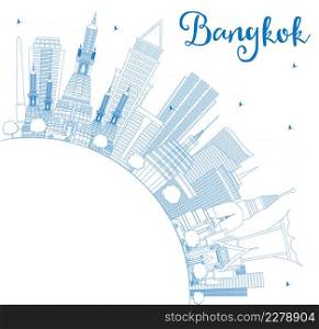 Outline Bangkok Skyline with Blue Landmarks and Copy Space. Vector Illustration. Business Travel and Tourism Concept with Bangkok City. Image for Presentation Banner Placard and Web Site.