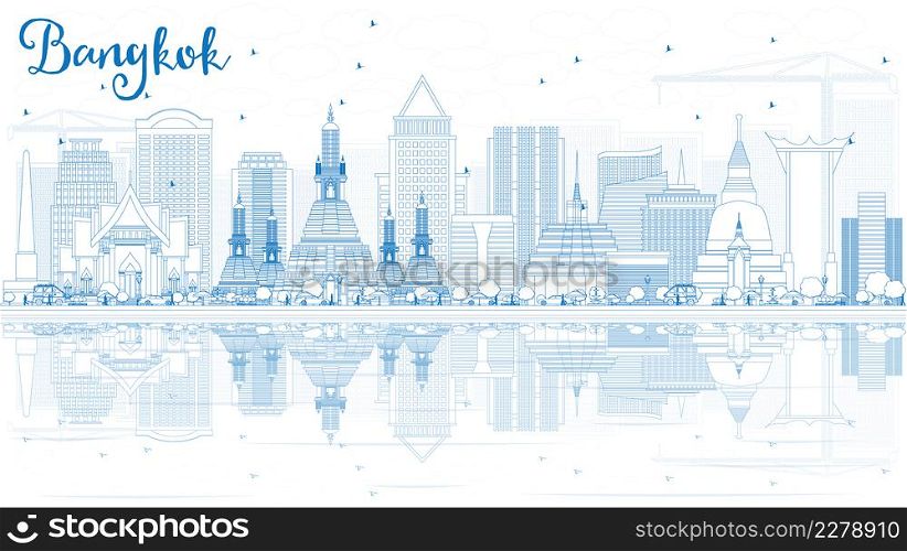 Outline Bangkok Skyline with Blue Landmarks and Reflections. Vector Illustration. Business Travel and Tourism Concept with Bangkok City. Image for Presentation Banner Placard and Web Site.