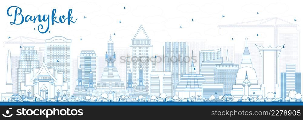 Outline Bangkok Skyline with Blue Landmarks. Vector Illustration. Business Travel and Tourism Concept with Bangkok City. Image for Presentation Banner Placard and Web Site.