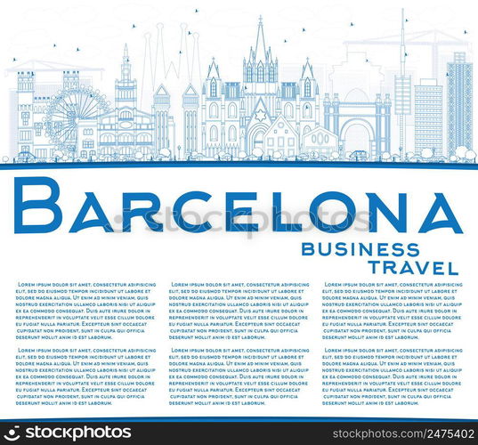 Outline Barcelona Skyline with Blue Buildings and Copy Space. Vector Illustration. Business Travel and Tourism Concept with Historic Buildings. Image for Presentation Banner Placard and Web Site.