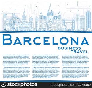 Outline Barcelona Skyline with Blue Buildings and Copy Space. Vector Illustration. Business Travel and Tourism Concept with Historic Buildings. Image for Presentation Banner Placard and Web Site.