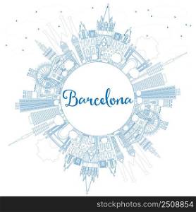 Outline Barcelona Skyline with Blue Buildings and Copy Space. Vector Illustration. Business Travel and Tourism Concept with Historic Buildings. Image for Presentation Banner Placard and Web Site.