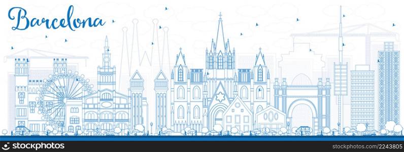 Outline Barcelona Skyline with Blue Buildings. Vector Illustration. Business Travel and Tourism Concept with Historic Buildings. Image for Presentation Banner Placard and Web Site.