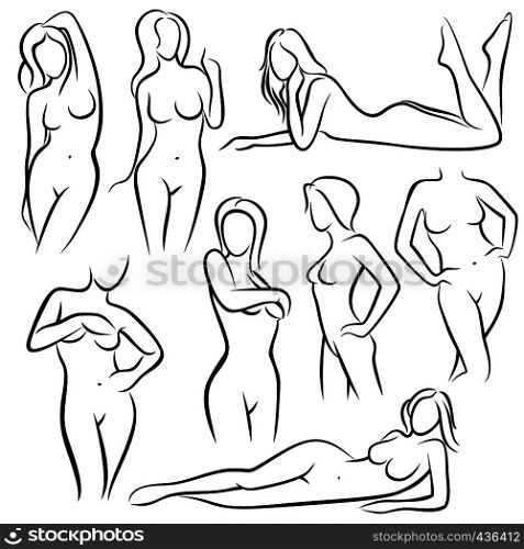 Outline beautiful woman vector silhouettes. Line female body beauty symbols. Sketch of woman model posing, figure girl sexy illustration. Outline beautiful woman vector silhouettes. Line female body beauty symbols